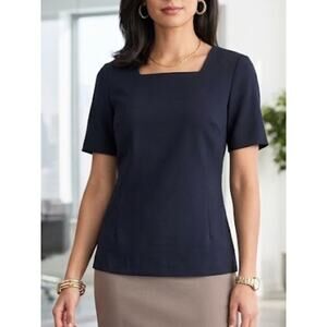 BROOKS BROTHERS Navy Square Neck Top M | Structured Fitted Career Blouse
